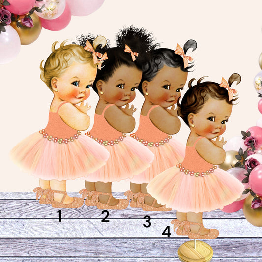 Peach Baby Shower Girl Centerpiece Cutouts, Peach 1st Birthday Cake Topper, Tulle Dress Ballerina, Vintage Baby Girl
