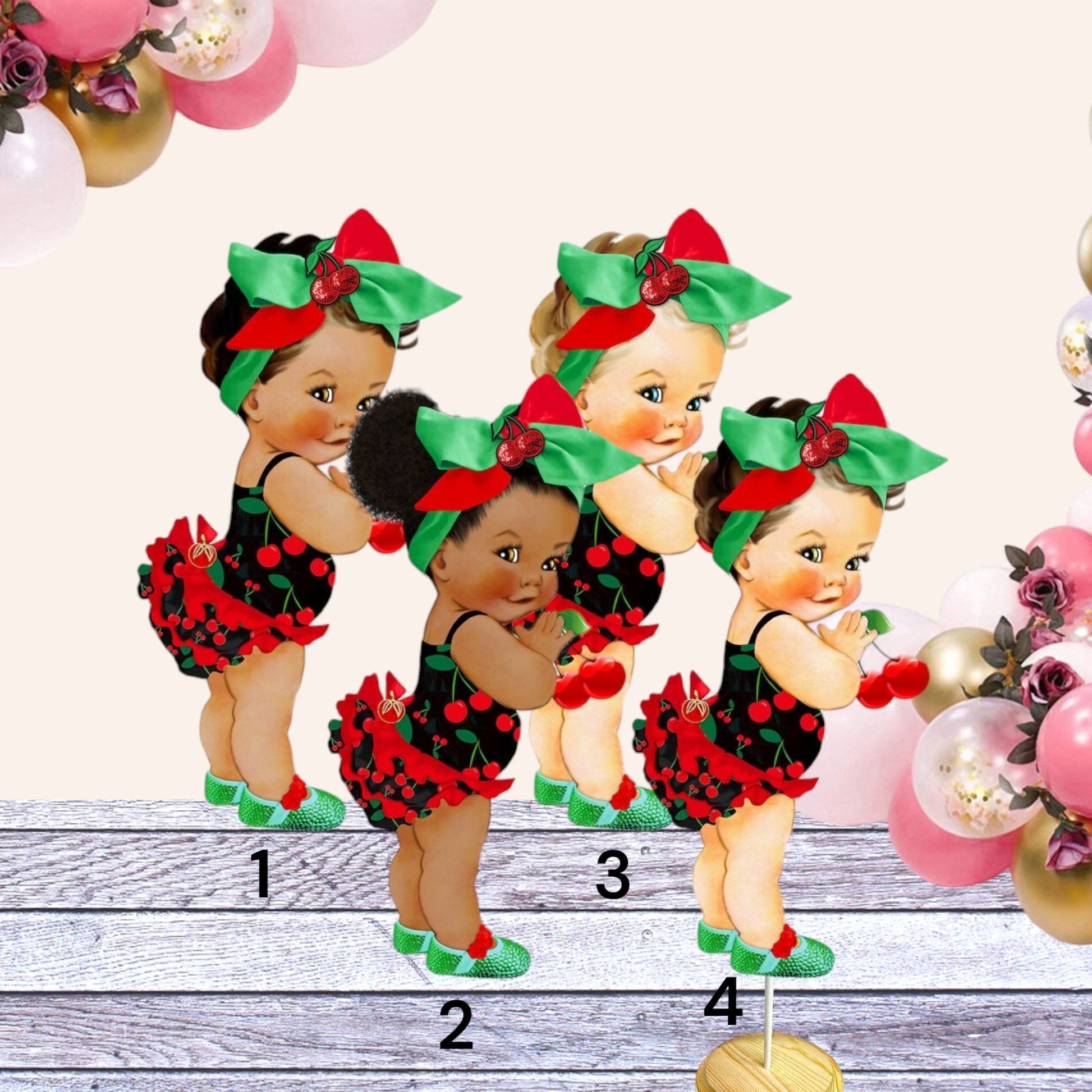 Cherry Blossom Baby Girl Cake Topper, Berry Centerpiece Cutouts Birthday Shower Decoration, Red Green Bow, Diaper Topper Table Decor