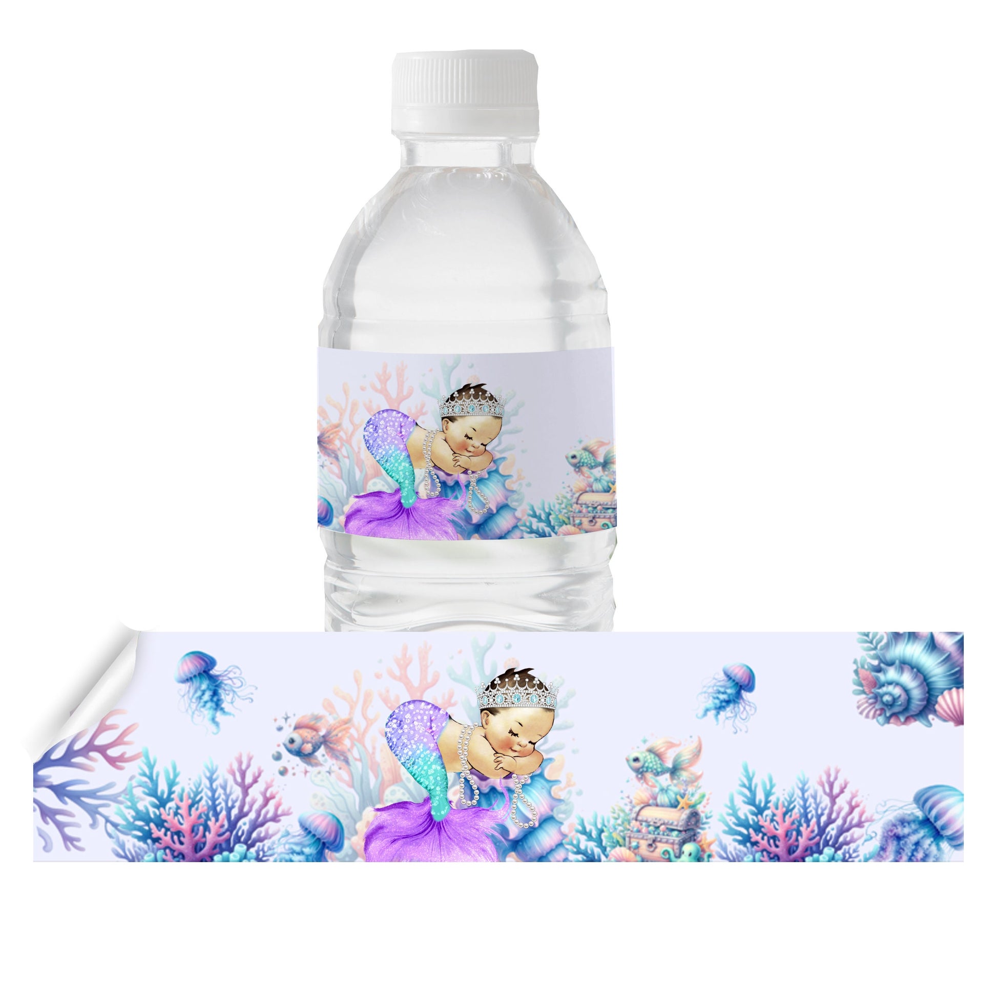 Purple Mermaid Water Bottle Labels, African American Under the Sea Party, Birthday Baby Shower Bottle Stickers