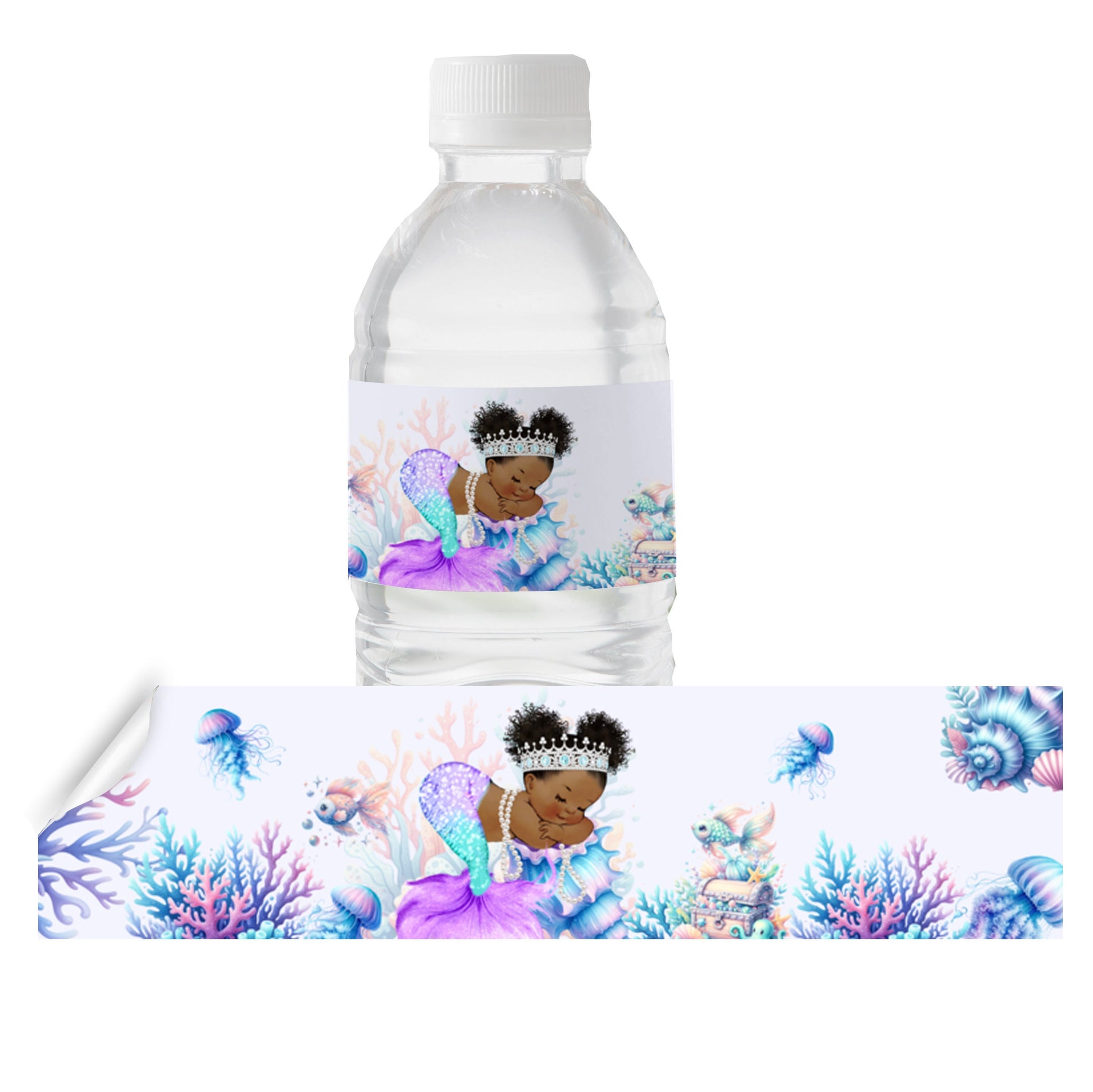 Purple Mermaid Water Bottle Labels, African American Under the Sea Party, Birthday Baby Shower Bottle Stickers