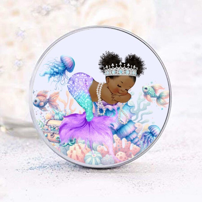 Purple Mermaid Favor Labels, Round Under the Sea Party, Birthday Baby Shower Stickers