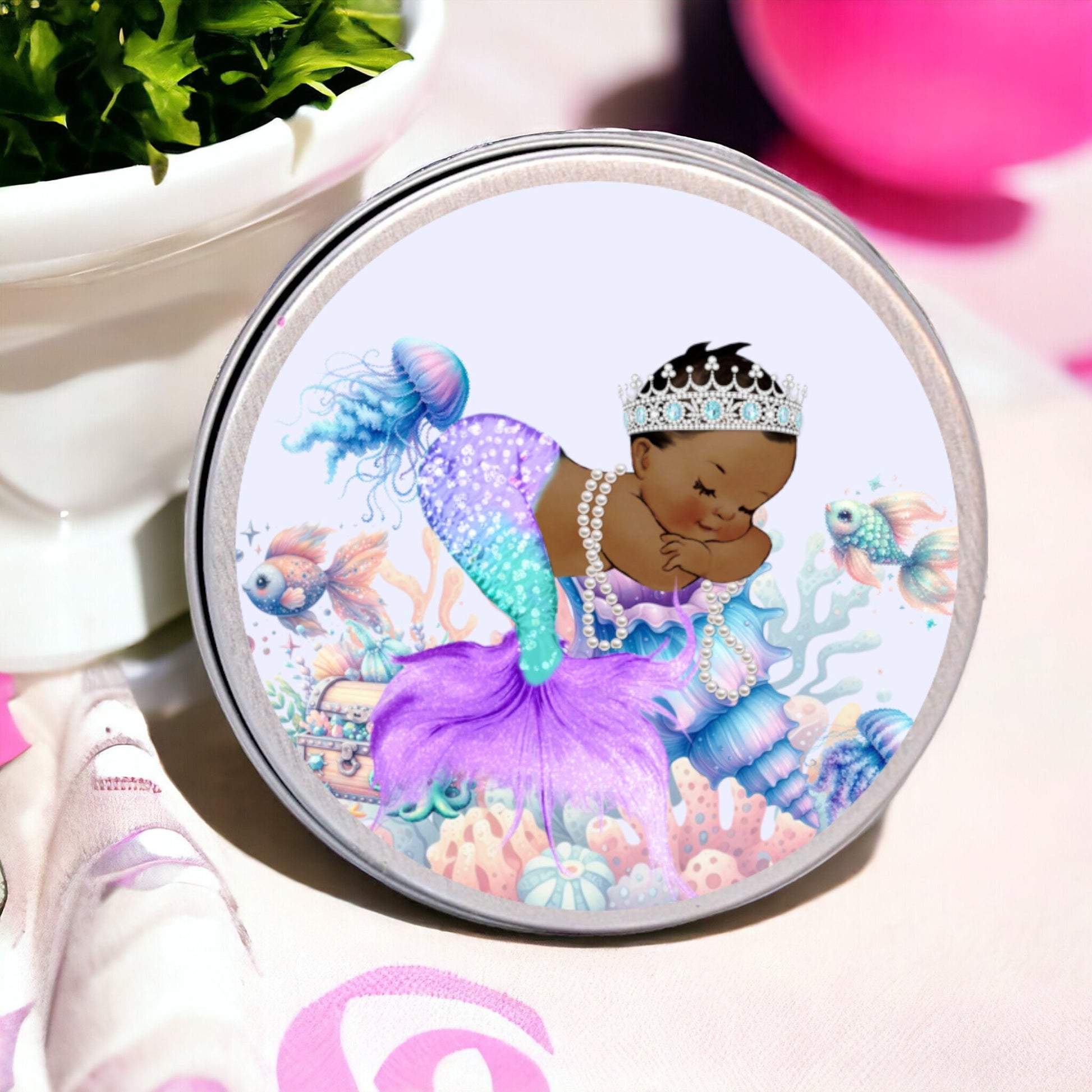 Purple Mermaid Favor Labels, Round Under the Sea Party, Birthday Baby Shower Stickers
