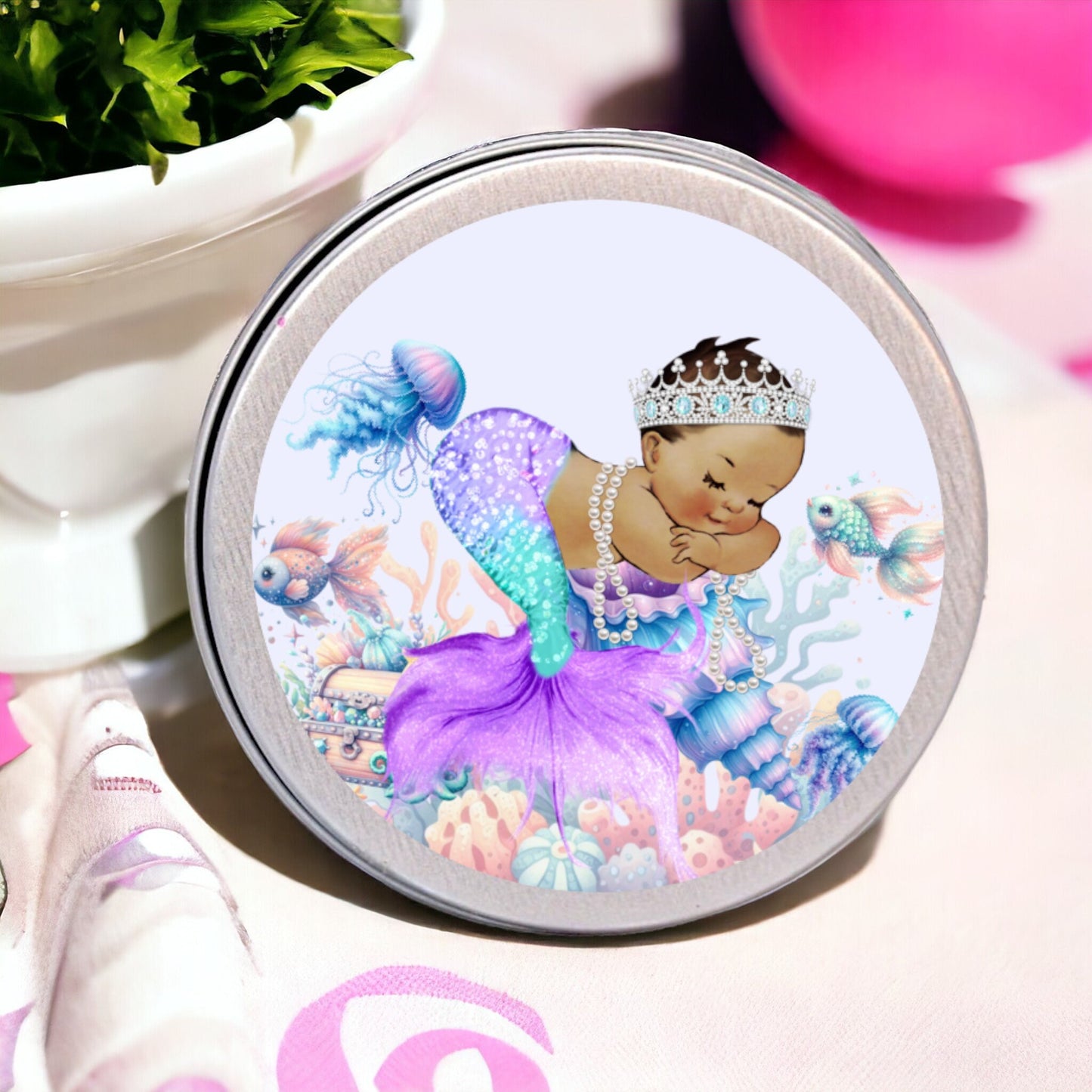 Purple Mermaid Favor Labels, Round Under the Sea Party, Birthday Baby Shower Stickers