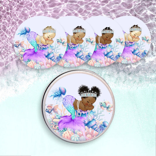 Purple Mermaid Favor Labels, Round Under the Sea Party, Birthday Baby Shower Stickers