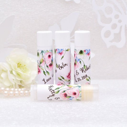 Pink floral lip balm labels β rustic wedding and bridal shower favor stickers, set of 15