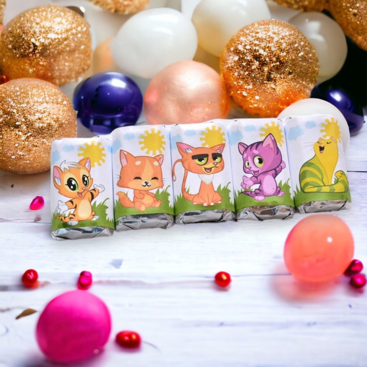Cat Birthday Labels Candy Miniatures, Kitty Party Favor Candy Bar Stickers, Funny Decoration Gift