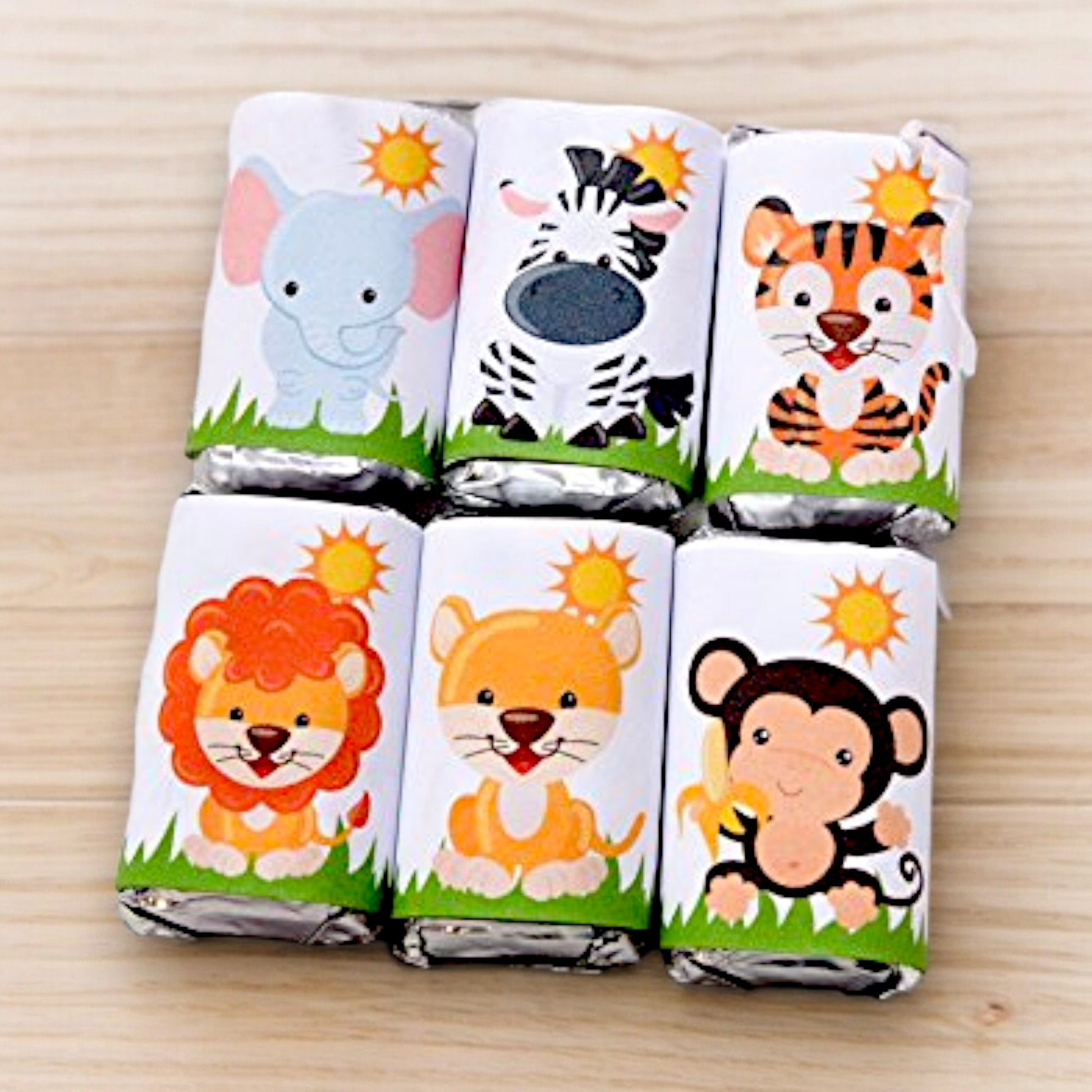 54 Safari Baby Shower Labels, Jungle Candy Bar Stickers 1st Birthday Party Favors, Miniatures Wrappers