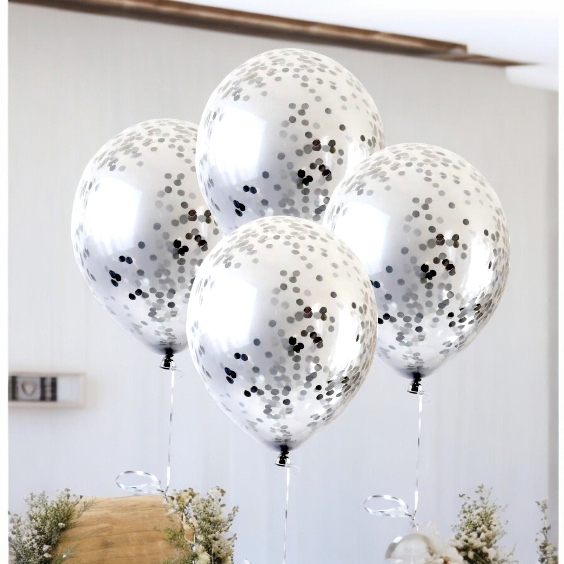 5 Silver Foil Confetti Balloons 11" Birthday Bridal Baby Shower Birthday Party Supply