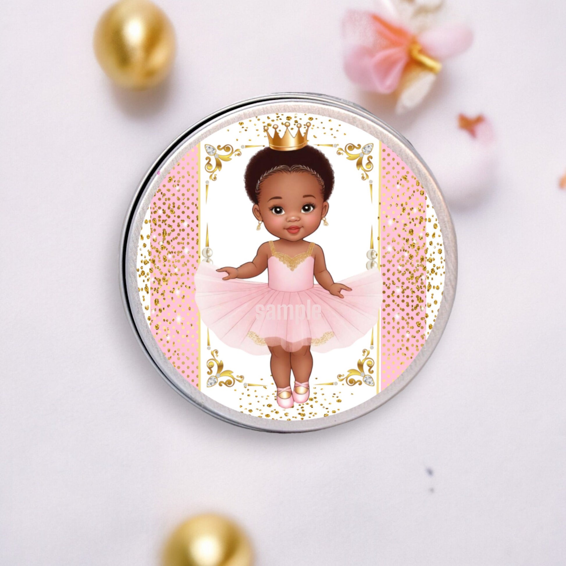 Princess Ballerina Baby Girl Labels Party Favor Round African American Stickers, Pink Tutu Gold Crown