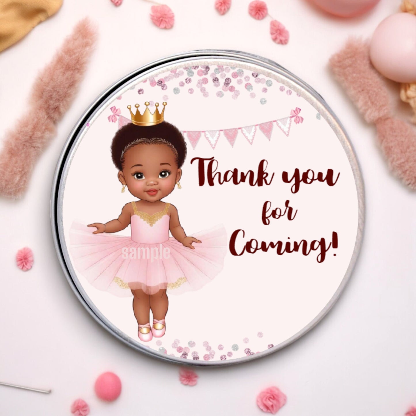 Princess Ballerina Baby Girl Labels Party Favor Round African American Stickers, Pink Tutu Gold Crown