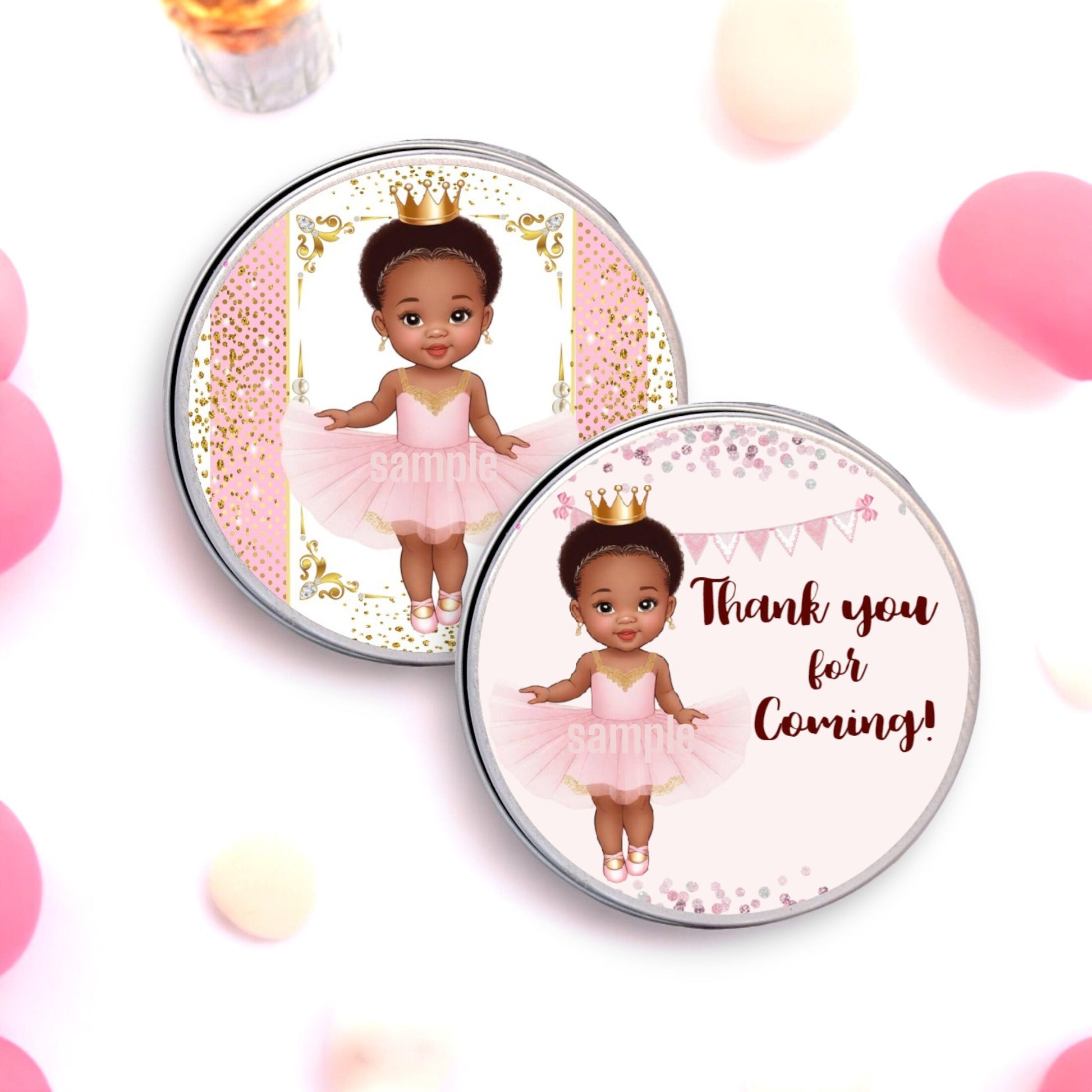 Princess Ballerina Baby Girl Labels Party Favor Round African American Stickers, Pink Tutu Gold Crown