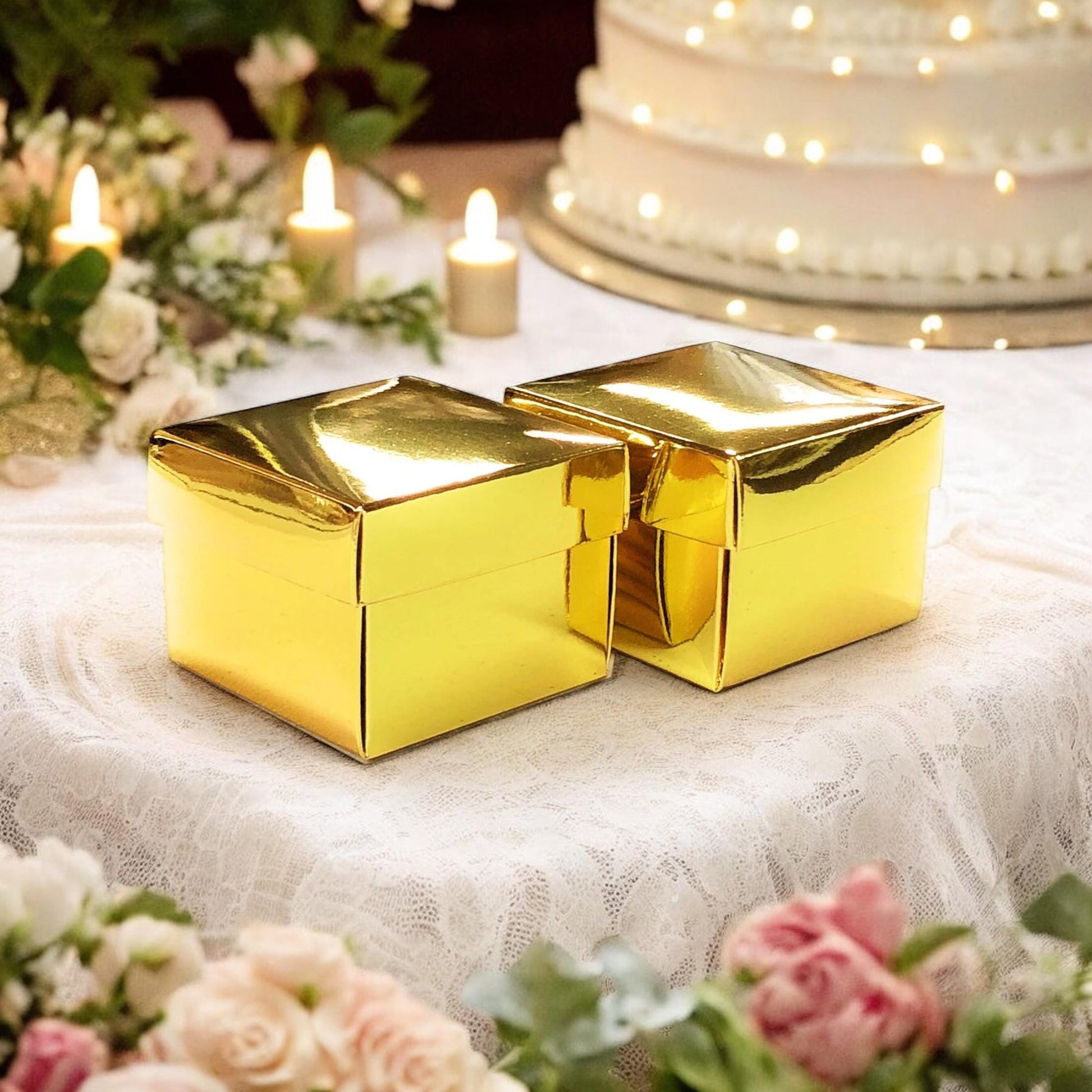 Set of 12 Gold Metallic Favor Boxes with Lid - Bridal Shower Wedding Baby Shower Birthday Gift Box