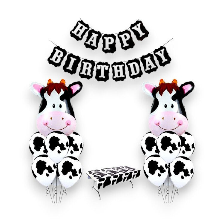 Farm Cow Balloons Kit Happy Birthday Banner Tablecloth Decoration Farm Party