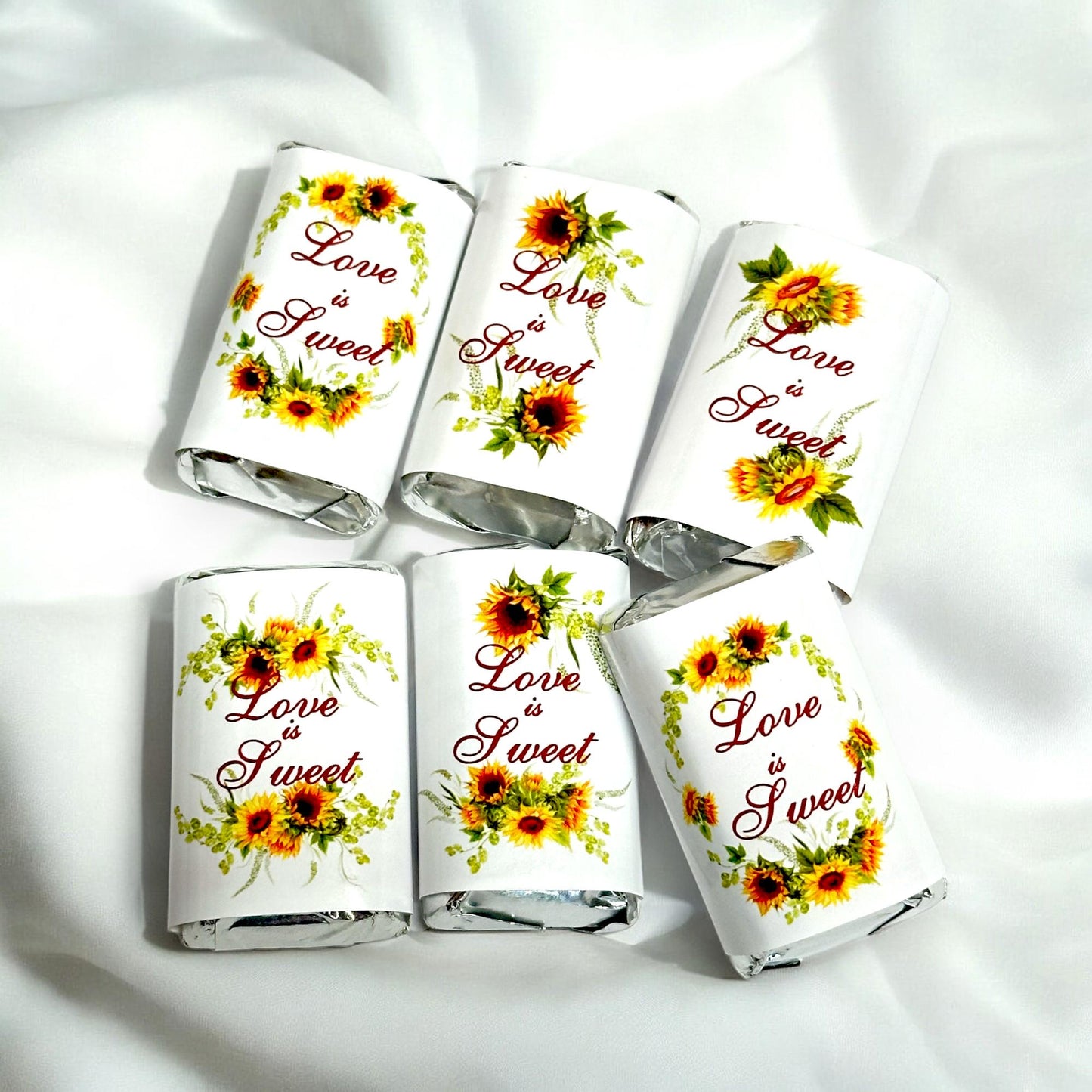 54 Sunflower Candy Labels Wrappers for Hershey® Miniatures, Love is Sweet Bridal Shower Wedding Party Favor Stickers