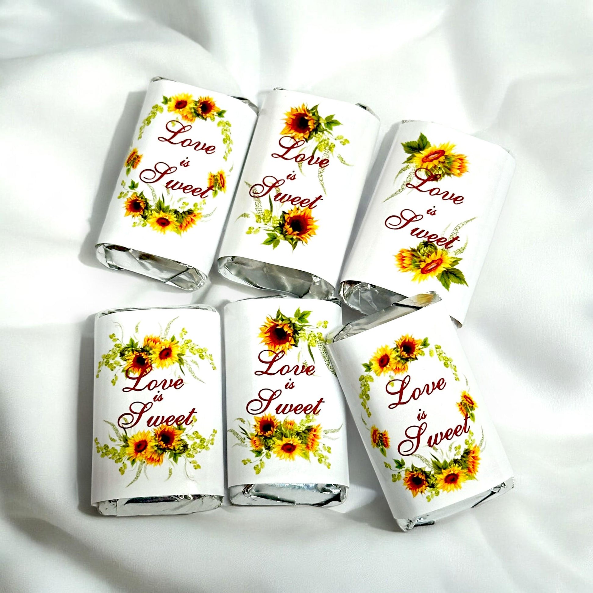 54 Sunflower Candy Labels Wrappers for Hershey® Miniatures, Love is Sweet Bridal Shower Wedding Party Favor Stickers