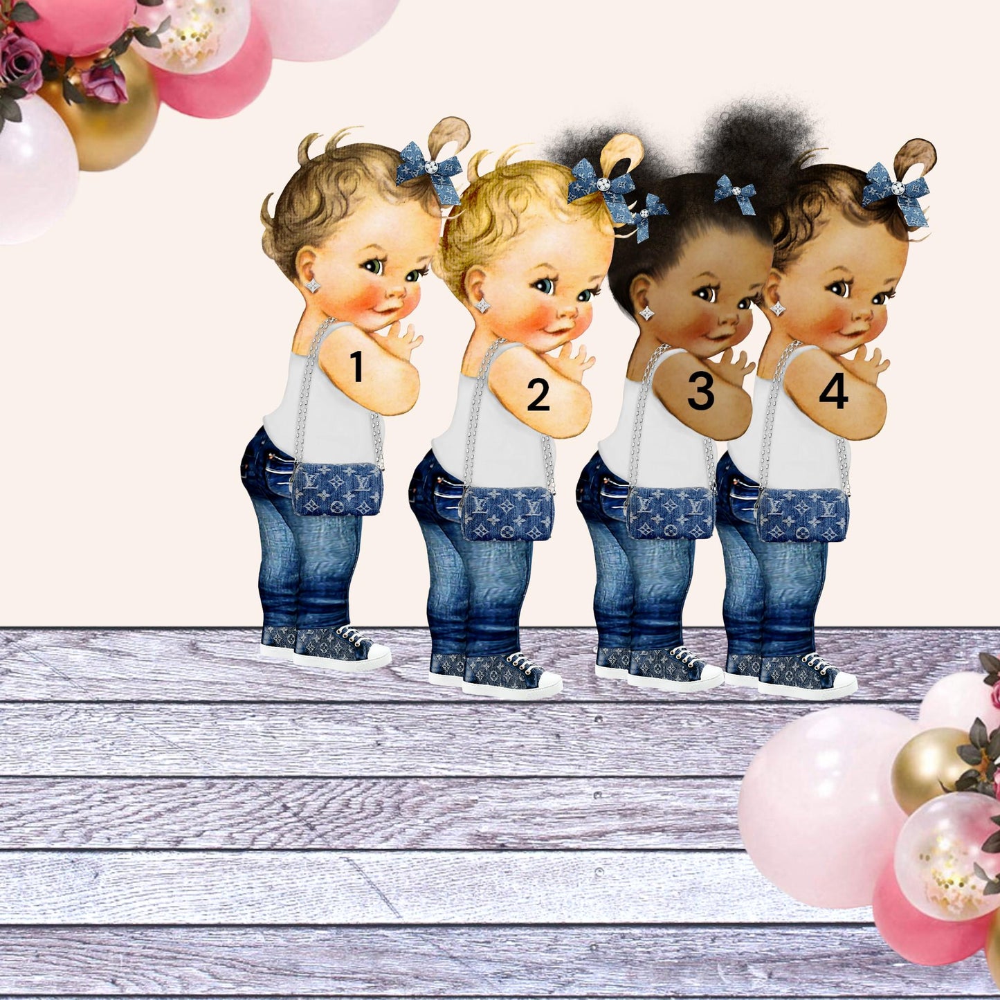 Twins Boy Girl Denim Diamonds Cake Topper Centerpiece Cutouts, 1st Birthday Baby Shower Denim Party Decorations Twins