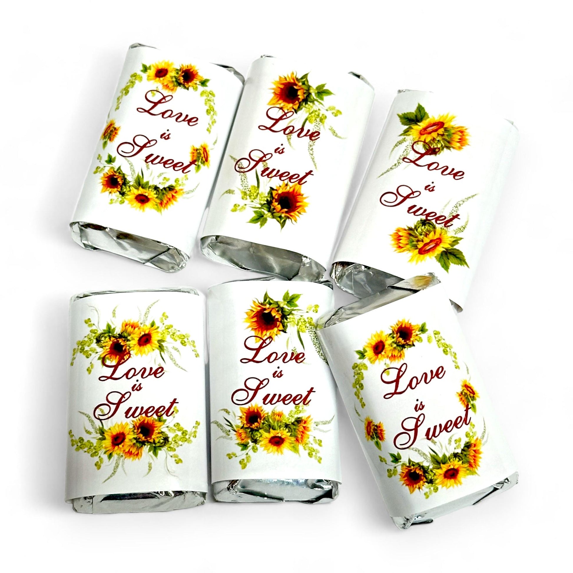 54 Sunflower Candy Labels Wrappers for Hershey® Miniatures, Love is Sweet Bridal Shower Wedding Party Favor Stickers