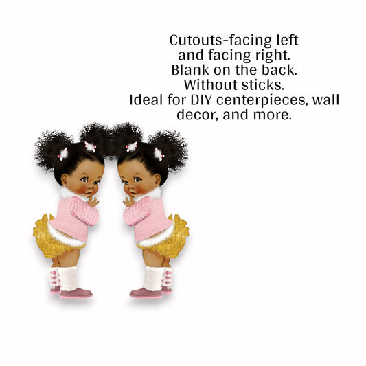 Winter Girl Cake Topper Centerpiece Cutouts, African American Baby Girl Pink Sweater Gold Pants, 1st Birthday Baby Shower Party Decorations