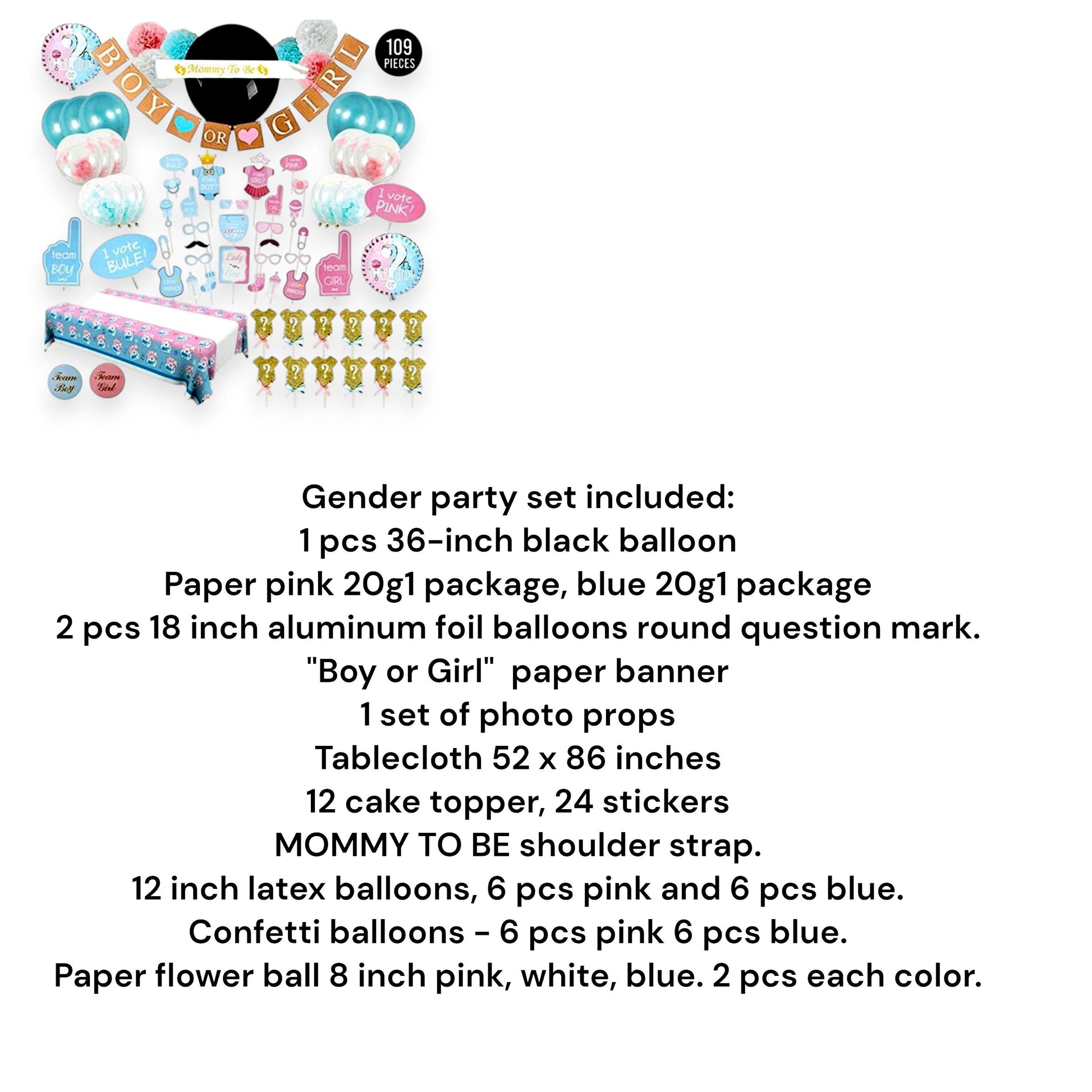 Gender Boy or Girl Party Supplies Kit, Balloons Baby Shower Boy or Girl Banner, Cake Toppers, Tableware, Mommy to Be Sash