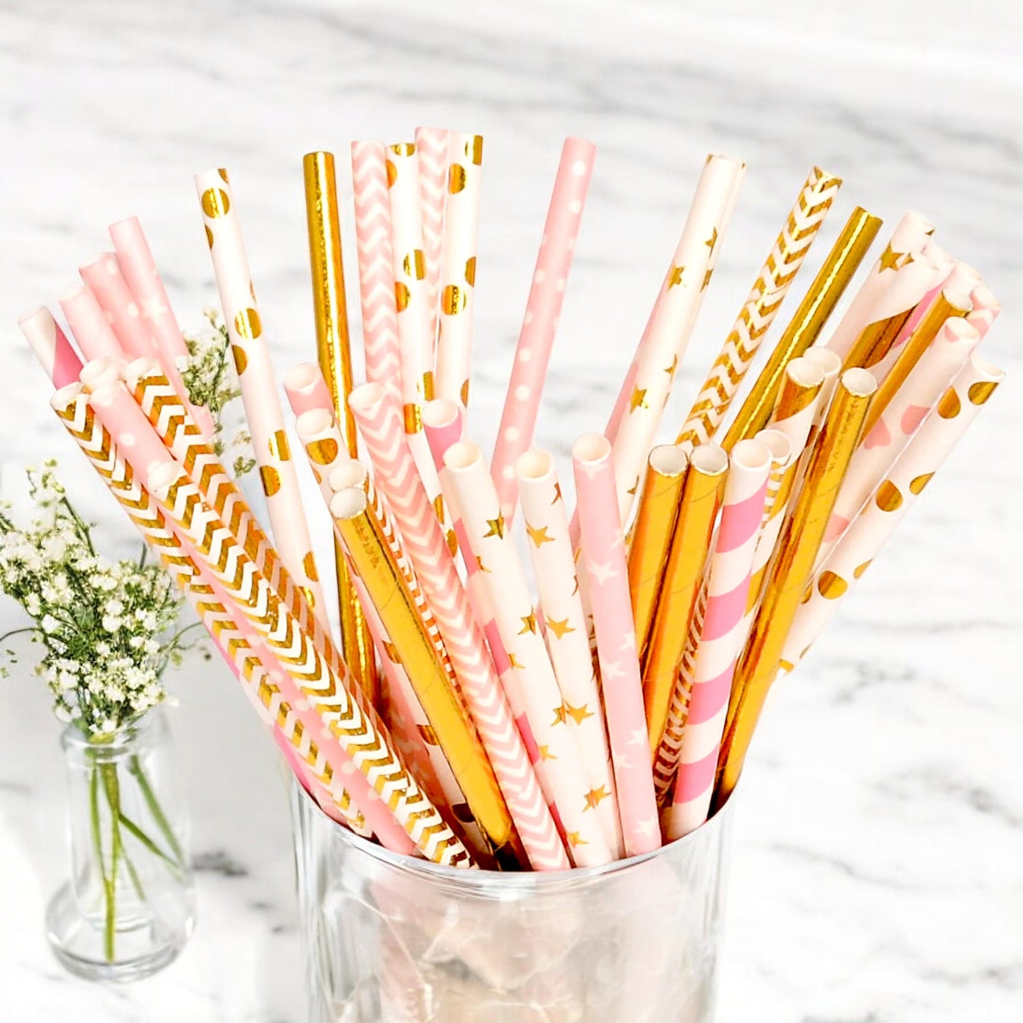 50 Baby Pink Gold Paper Straws, Baby Shower 1st Birthday Princess Girl Party Decoration