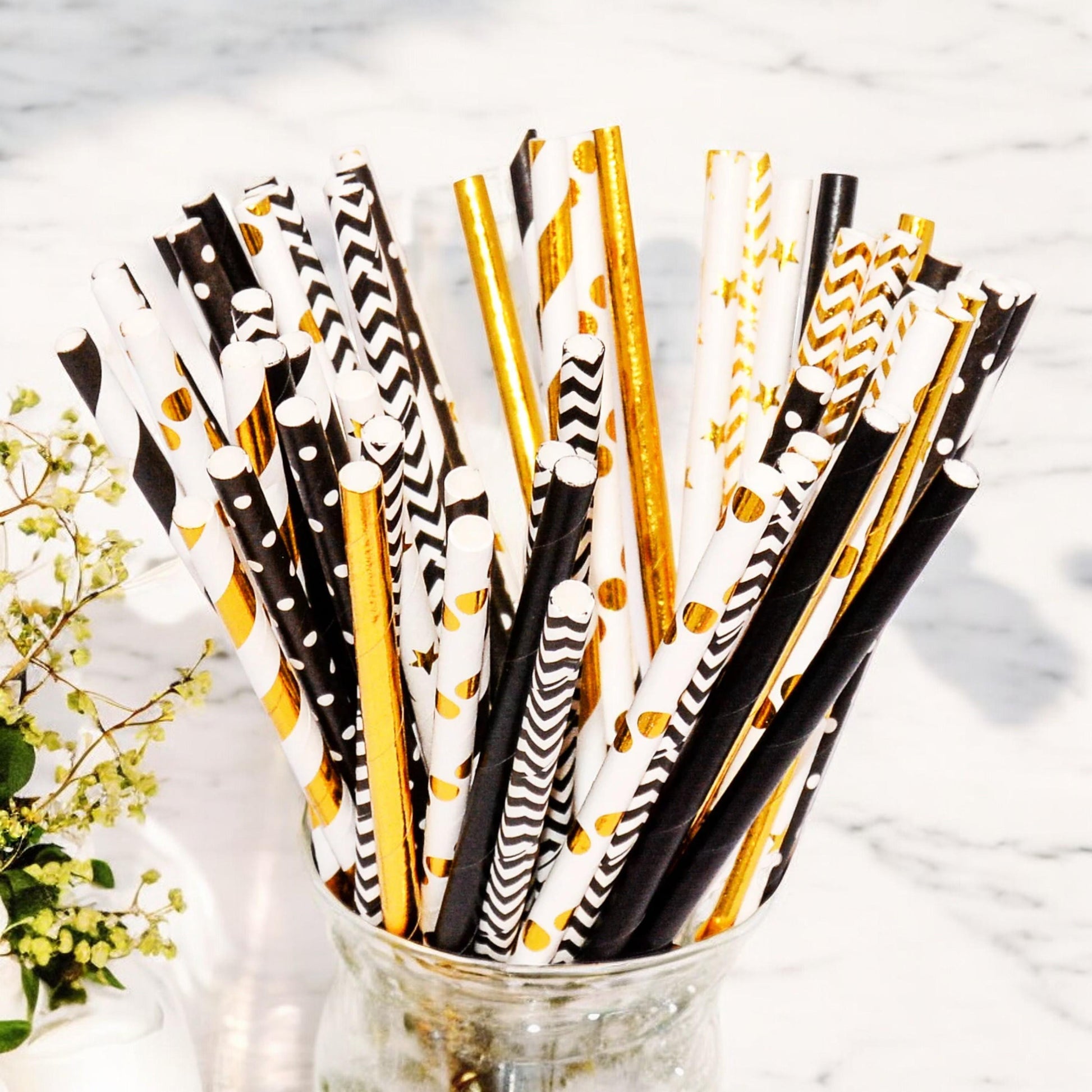 50 Black and Gold Paper Straws, Black Straws, Gold Straws, Birthday Party Decor