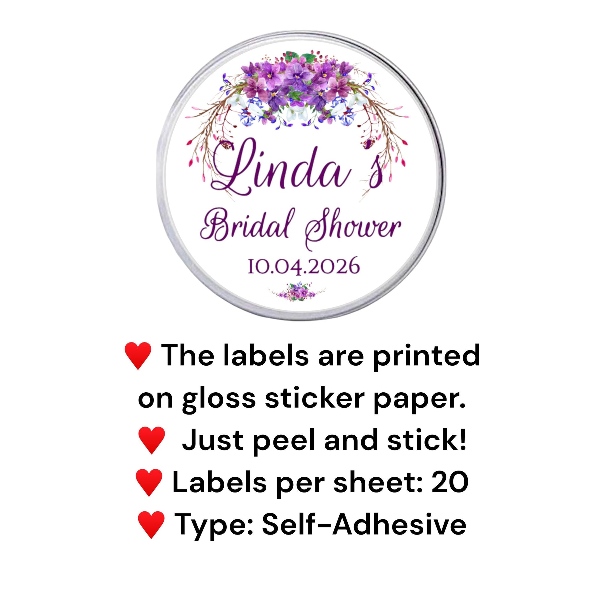 Purple Lilac Wedding Stickers Floral Bridal Shower Circle Labels for Party Favor