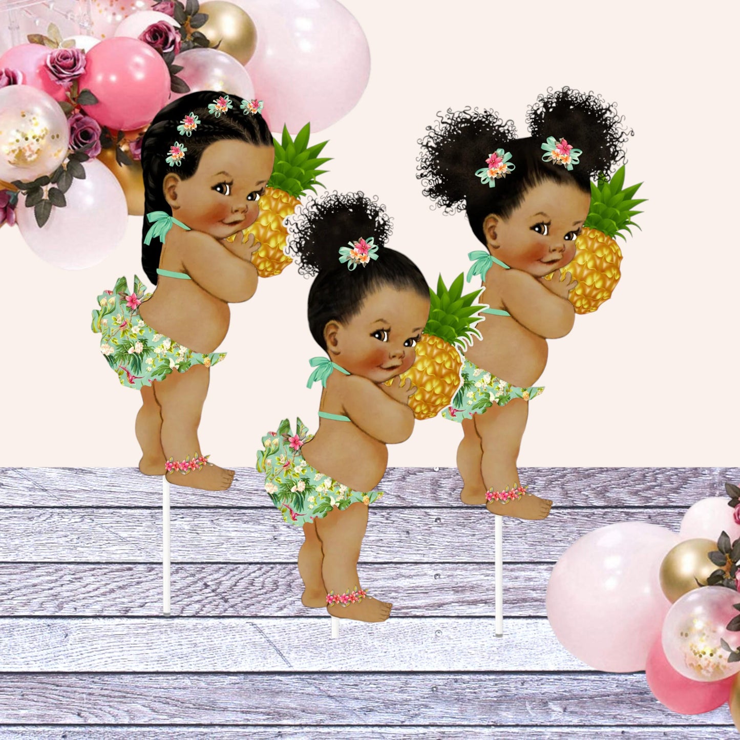 Aloha Tropical Girl Topper African American Princess Centerpieces Birthday Table Decor