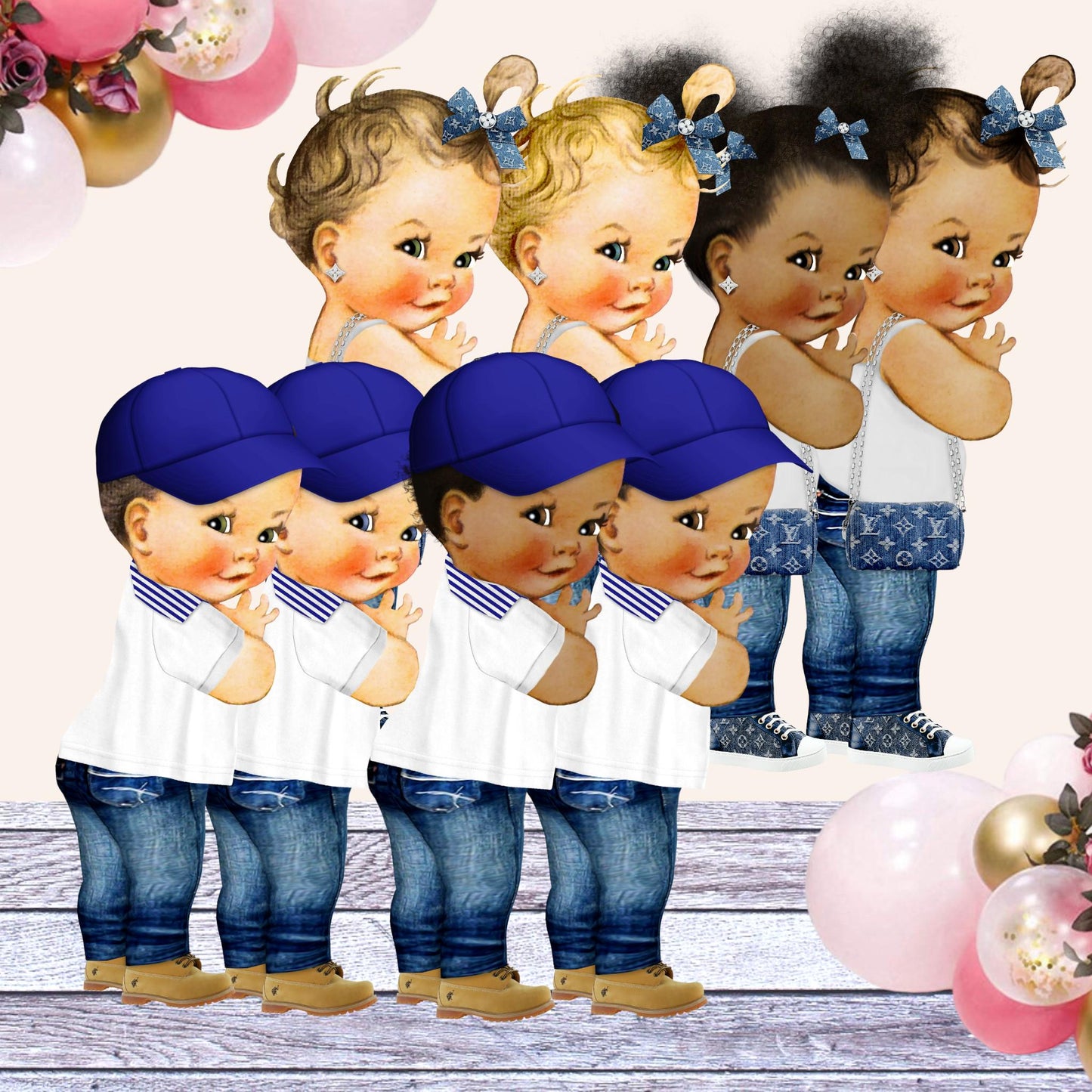 Twins Boy Girl Denim Diamonds Cake Topper Centerpiece Cutouts, 1st Birthday Baby Shower Denim Party Decorations Twins