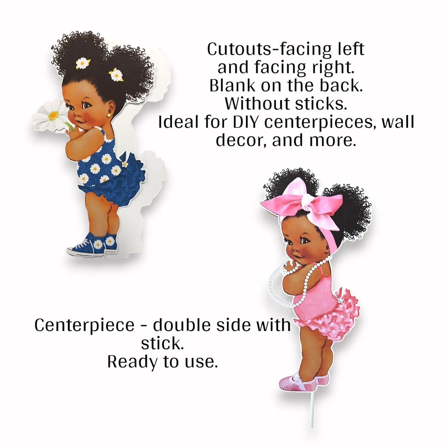 Baby Girl Centerpiece Cutouts, Yellow Tulle Dress, Vintage Baby Girl, Puffs Hair African American Baby Shower 1st Birthday Cake Topper