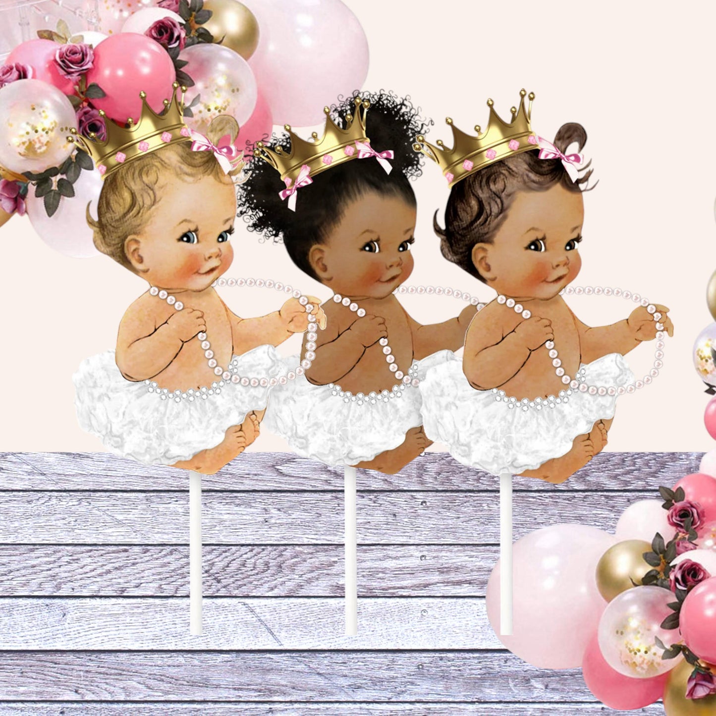Set of 3 White Tutu Sitting Baby Princess Table Centerpieces for Baby Shower