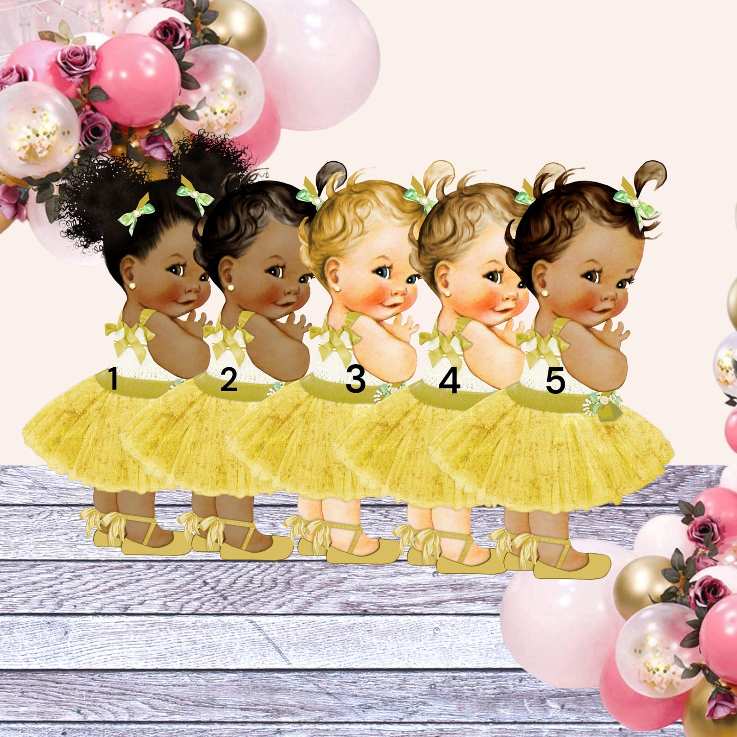 Gold Tutu Vintage Girl Topper Cutouts, Baby Shower 1st Birthday Cake Diaper Centerpiece Table Party Decoration