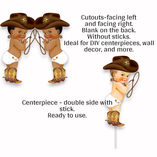 Little Cowboy Party Decor, White Brown Centerpiece Cutouts