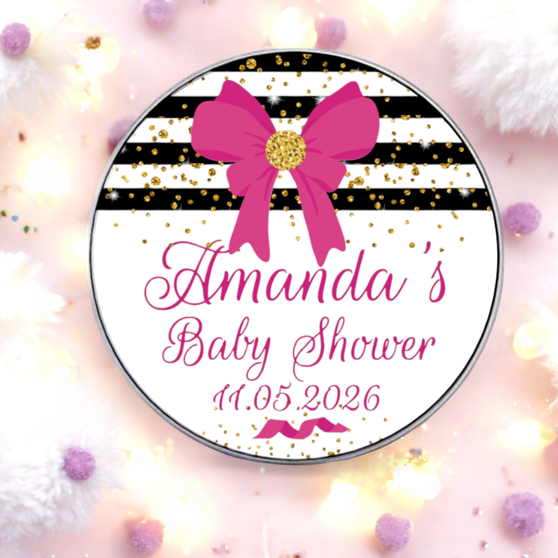 Custom Baby Shower Labels Hot Pink Bow Gold Glitter, Personalised Party Favor Stickers