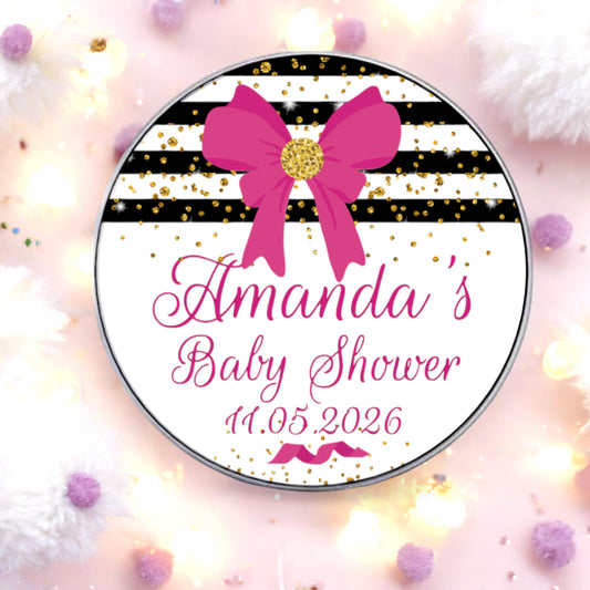 Custom Baby Shower Labels Hot Pink Bow Gold Glitter, Personalised Party Favor Stickers