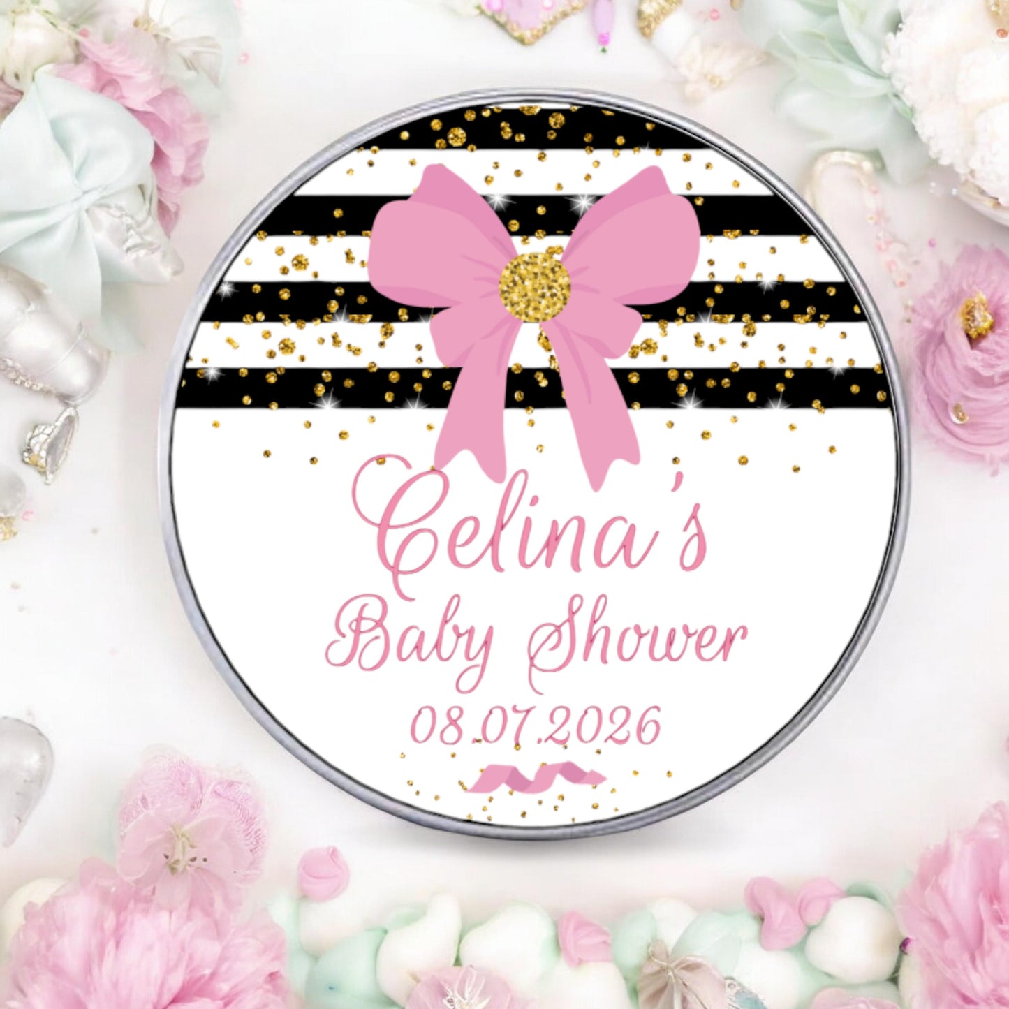 Custom Pink Black Baby Shower Favor Labels, Baby Girl Party Favor Stickers