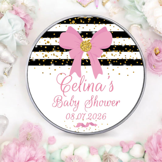 Custom Pink Black Baby Shower Favor Labels, Baby Girl Party Favor Stickers