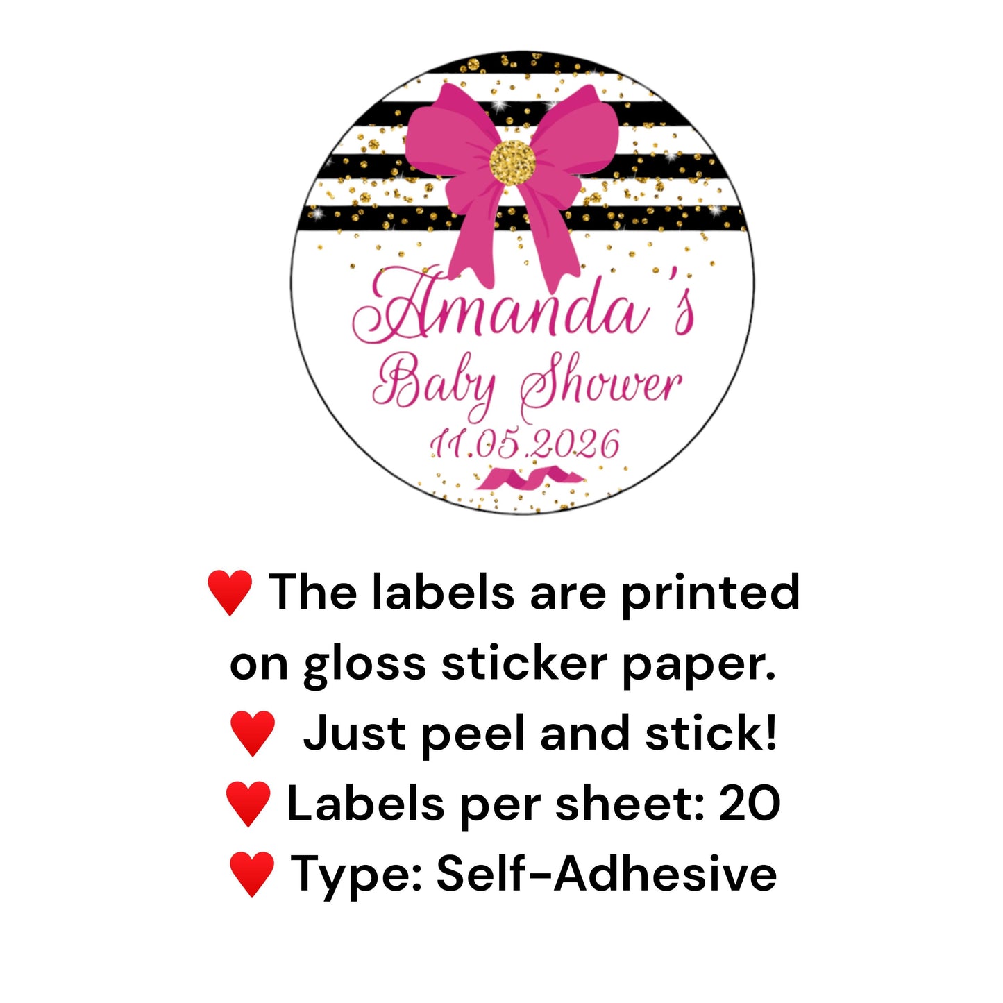 Custom Pink Black Baby Shower Favor Labels, Baby Girl Party Favor Stickers