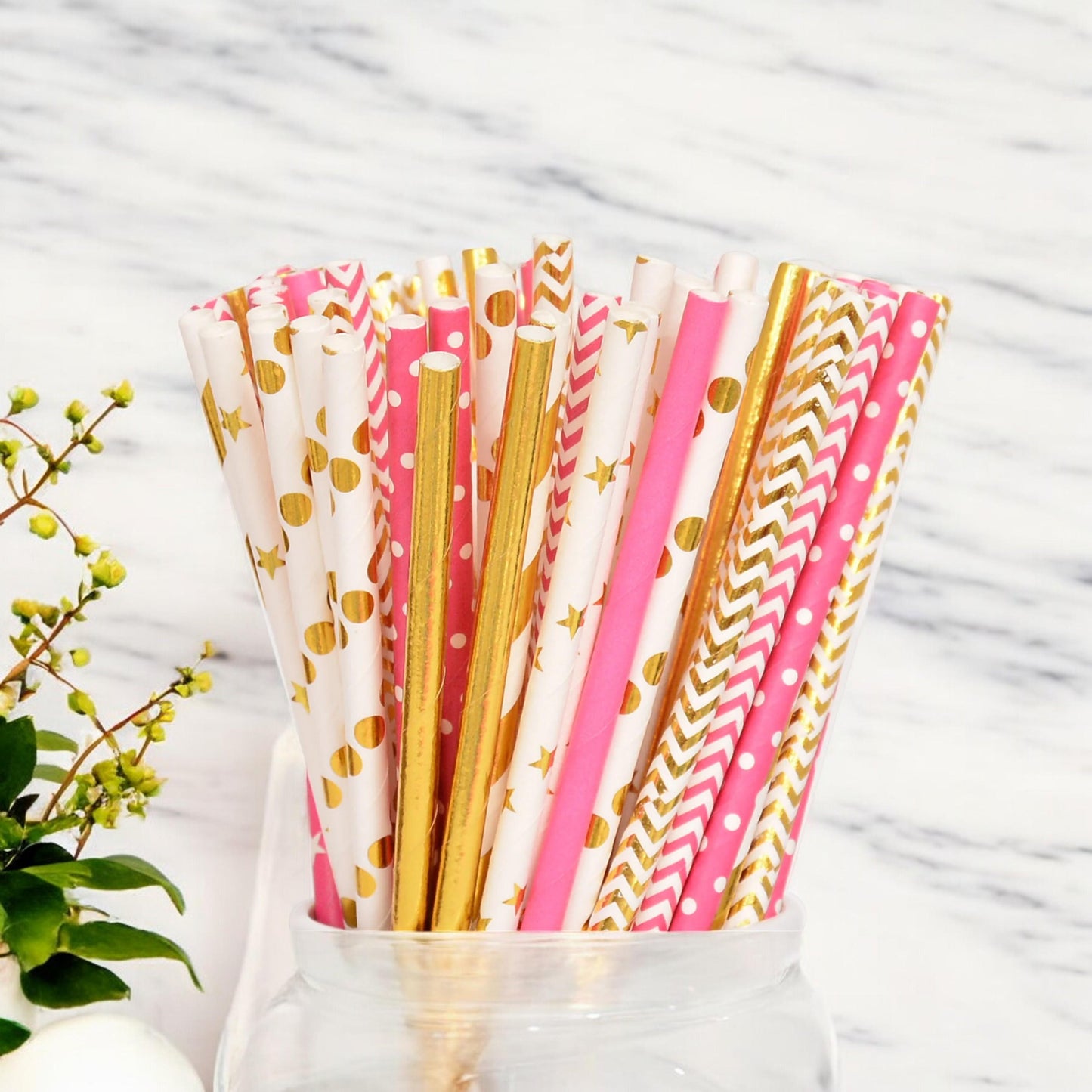 50 Pink Gold Paper Straws, Baby Shower Birthday Baby Girl Princess Party Decoration