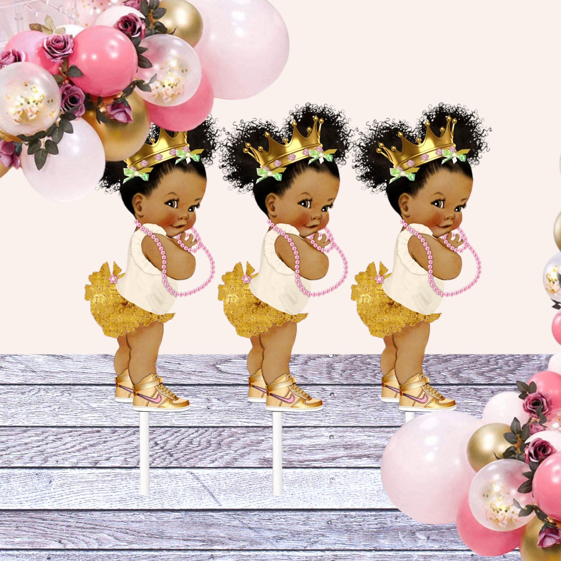 3 Gold Sneakers Princess Centerpieces African American Birthday Table Decor