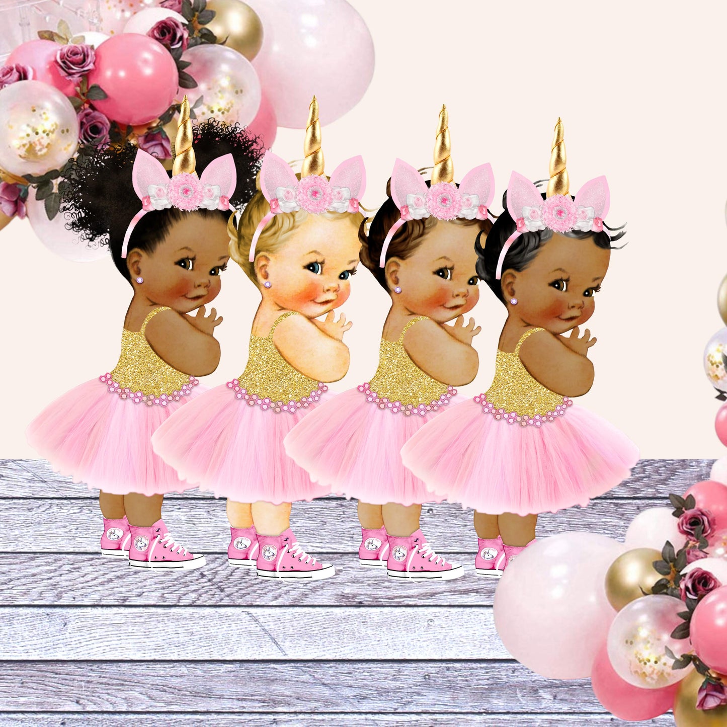 Pink Unicorn Princess Topper Centerpiece Cutouts, Pink Tulle Ballerina Gold Glitter Shirt Baby Shower 1st Birthday Party Decoration