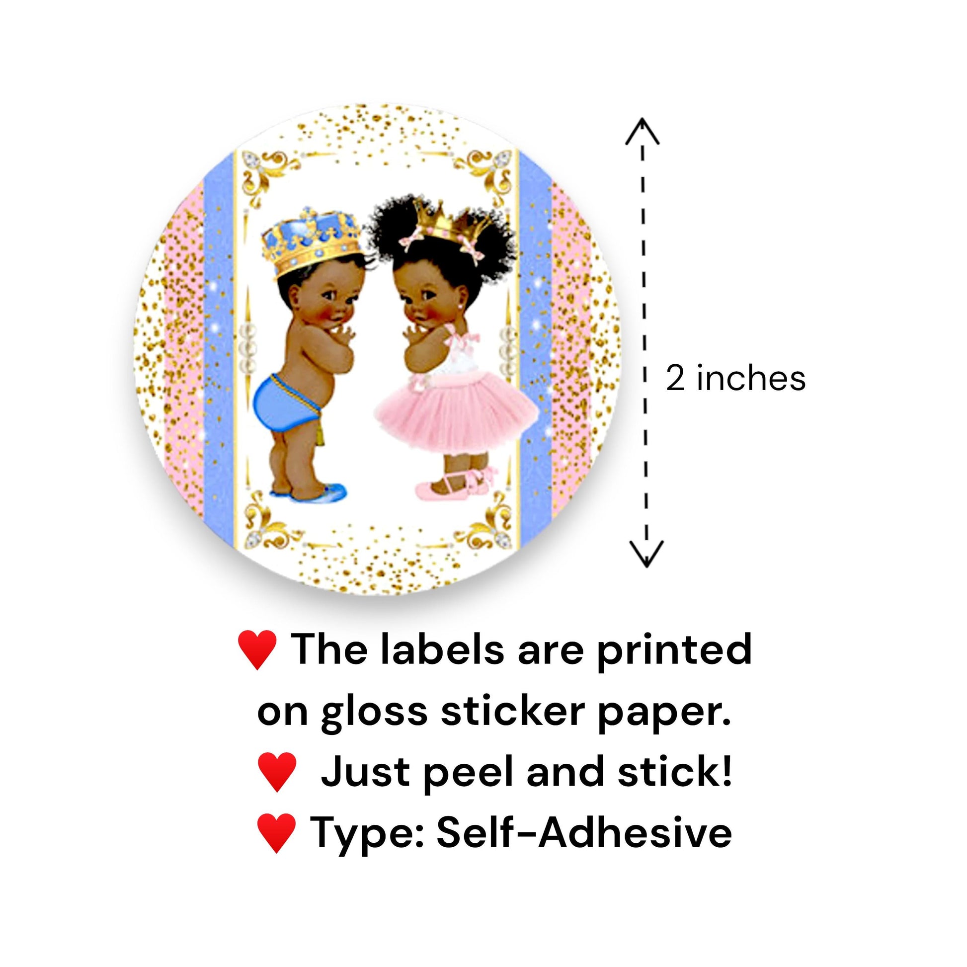 Twins Baby Shower Labels Prince Princess Party Favor, Twin Royal Birthday, Twins Boy Girl African American Baby Shower Stickers