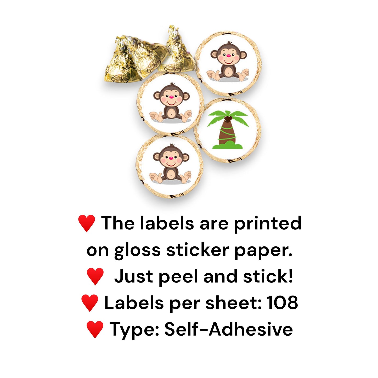 Monkey Baby Shower Kisses Fit Labels, Round Stickers for Chocolate Candy Bar, Birthday Party Favors