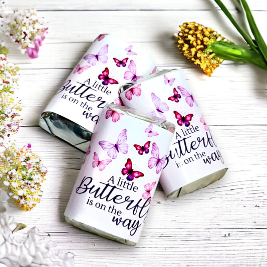 Mini Chocolate Candy Bar Wrappers for Butterfly Themed Baby Shower – Pink Lavender Purple Party Favors Stickers, Set of 54 Labels