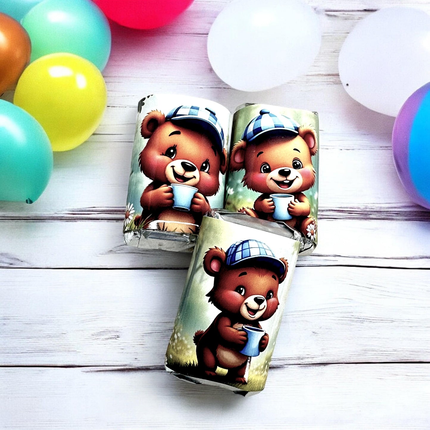 Baby Shower Bear Candy Bar Wrappers, 1st Forest Woodland Birthday, Blue White Checkered Cap Mug, Mini Bar Party Supplies