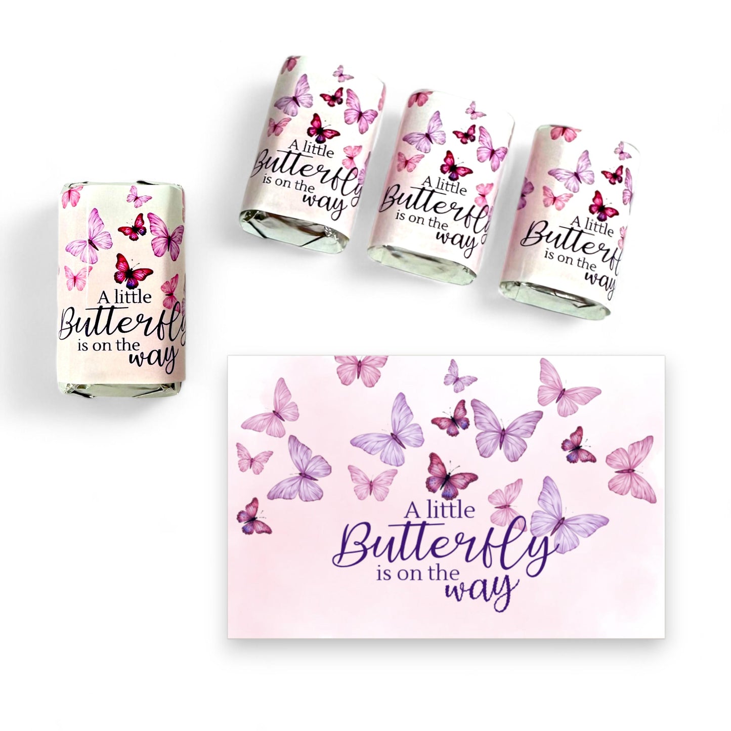 Mini Chocolate Candy Bar Wrappers for Butterfly Themed Baby Shower – Pink Lavender Purple Party Favors Stickers, Set of 54 Labels