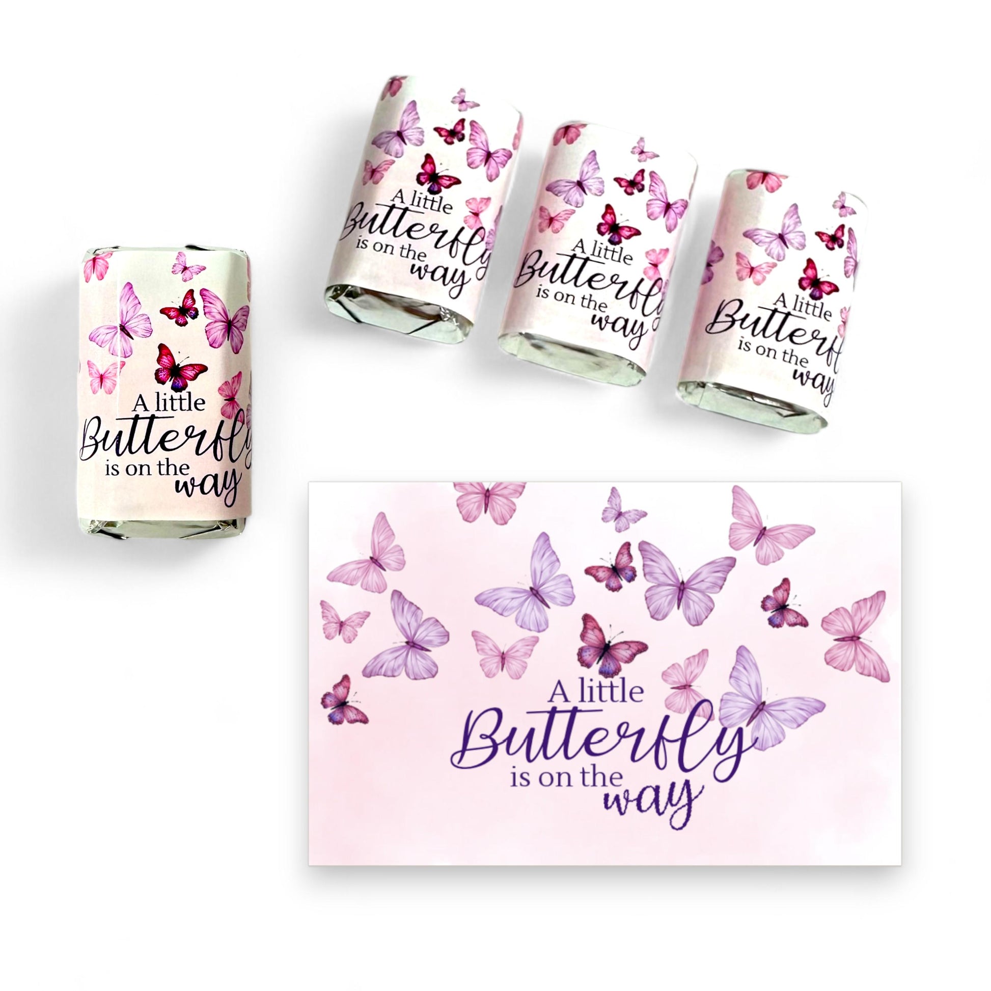 Mini Chocolate Candy Bar Wrappers for Butterfly Themed Baby Shower – Pink Lavender Purple Party Favors Stickers, Set of 54 Labels