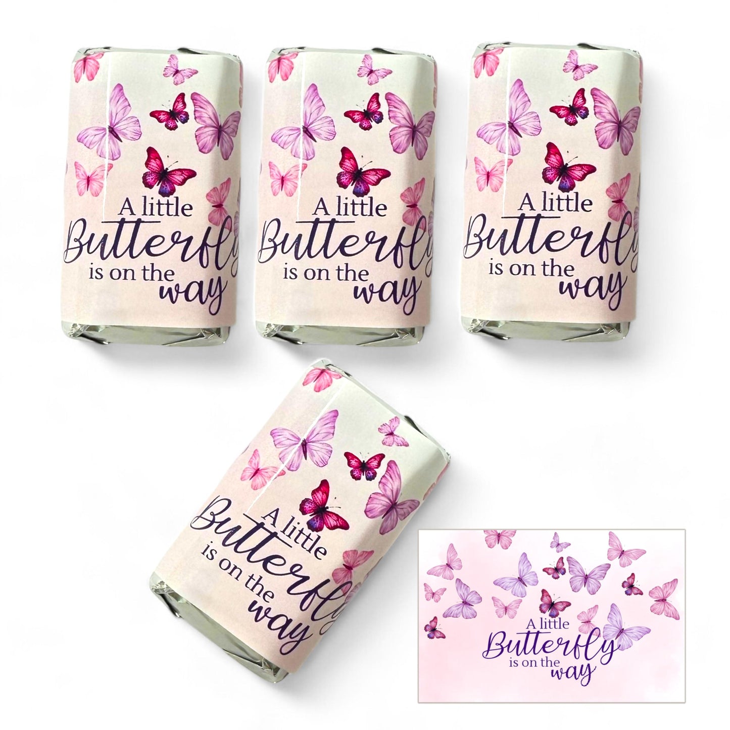 Mini Chocolate Candy Bar Wrappers for Butterfly Themed Baby Shower – Pink Lavender Purple Party Favors Stickers, Set of 54 Labels