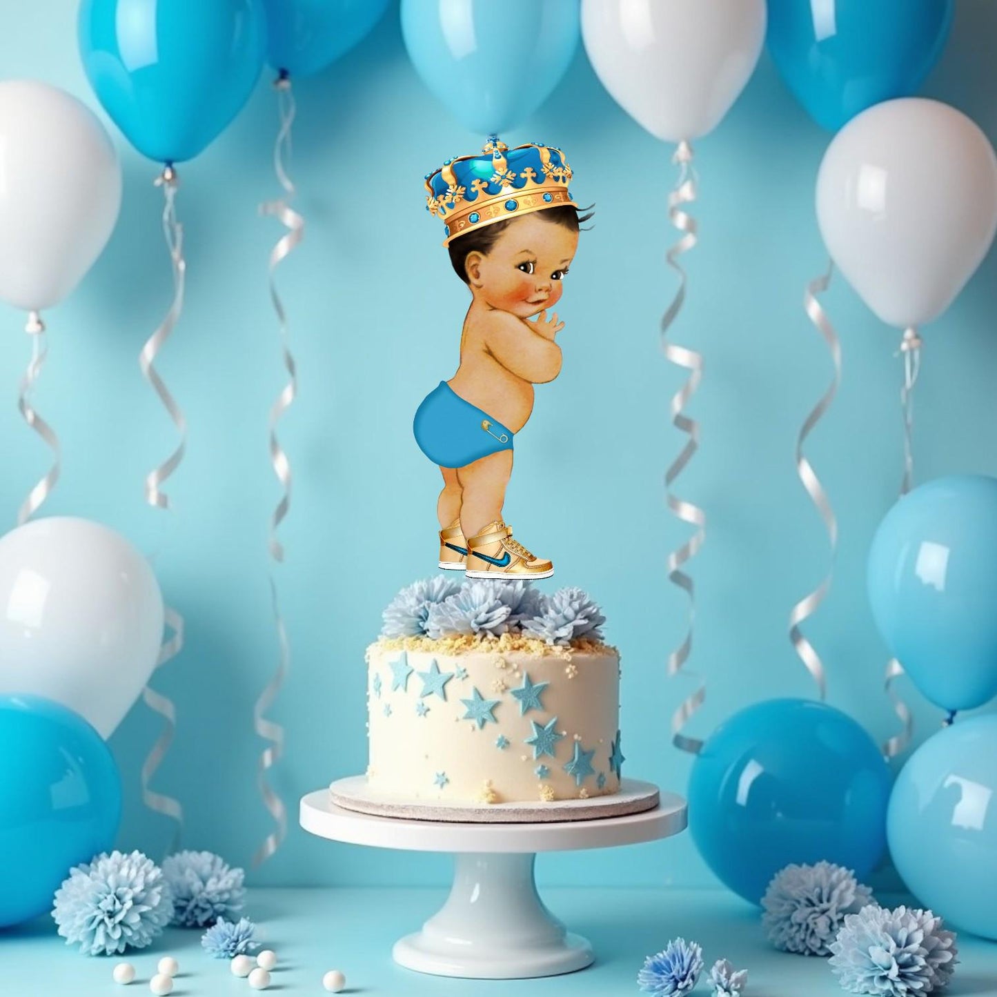Little Prince Centerpiece Cutouts Sky Blue Turquoise Sneakers, Diaper Topper Baby Shower, Birthday Party Table Decoration