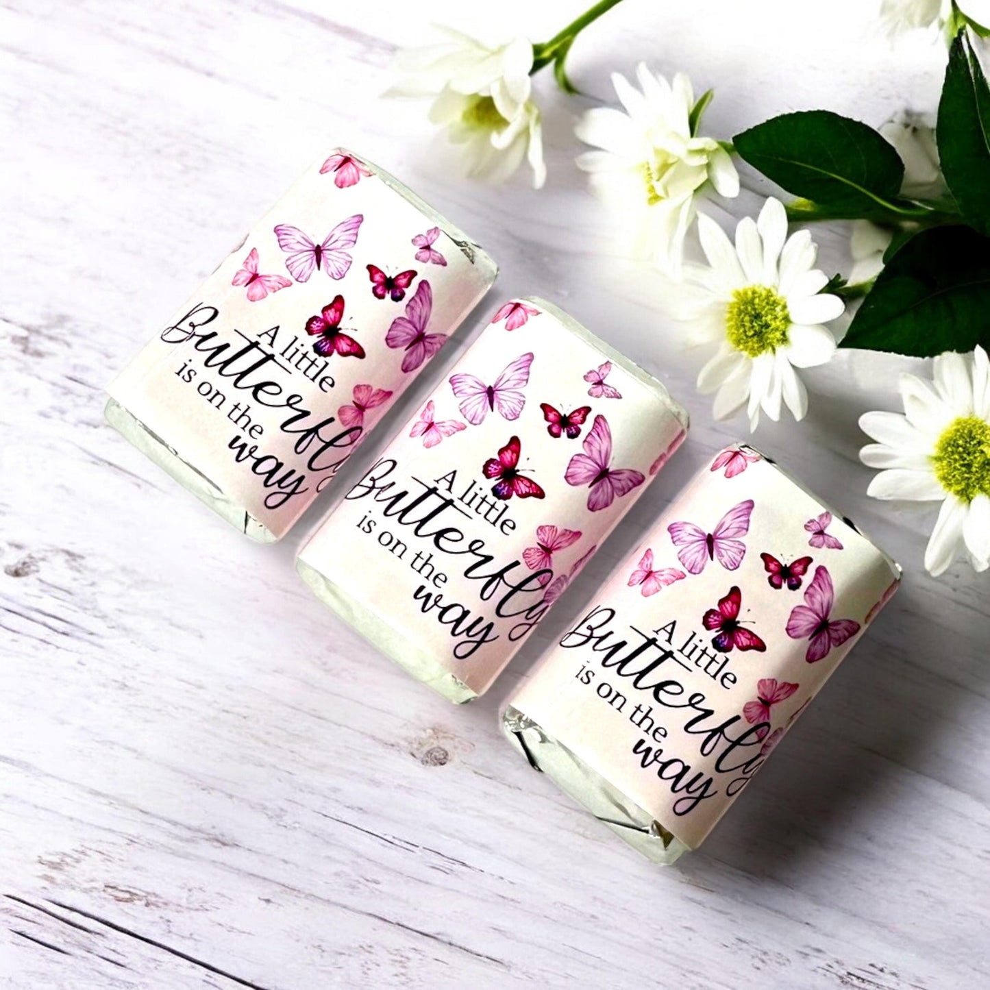 Mini Chocolate Candy Bar Wrappers for Butterfly Themed Baby Shower – Pink Lavender Purple Party Favors Stickers, Set of 54 Labels