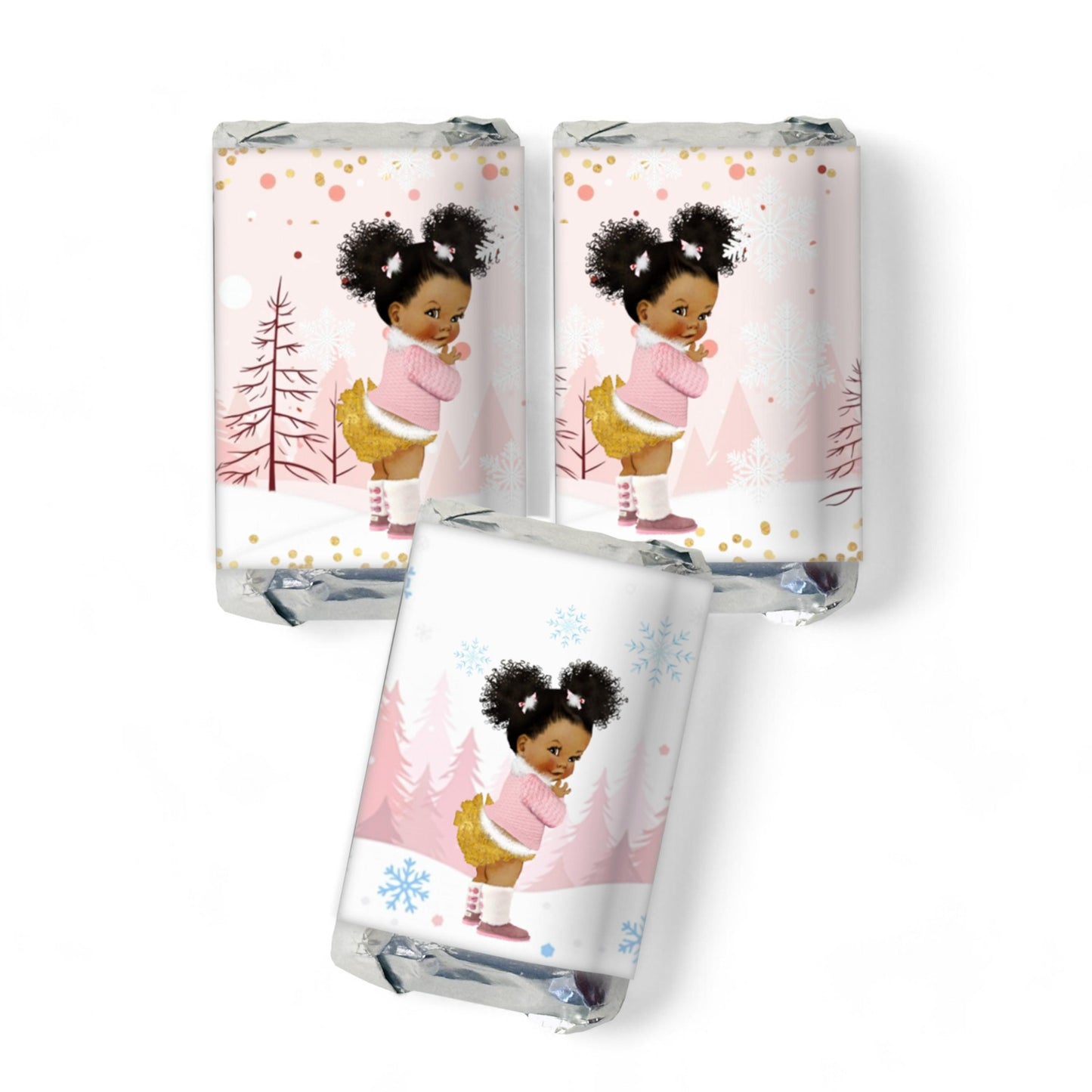 Winter Princess Candy Bar Wrappers for Cold Outside Themed Baby Shower, African American Birthday Party Favors Stickers, Set of 54 Labels